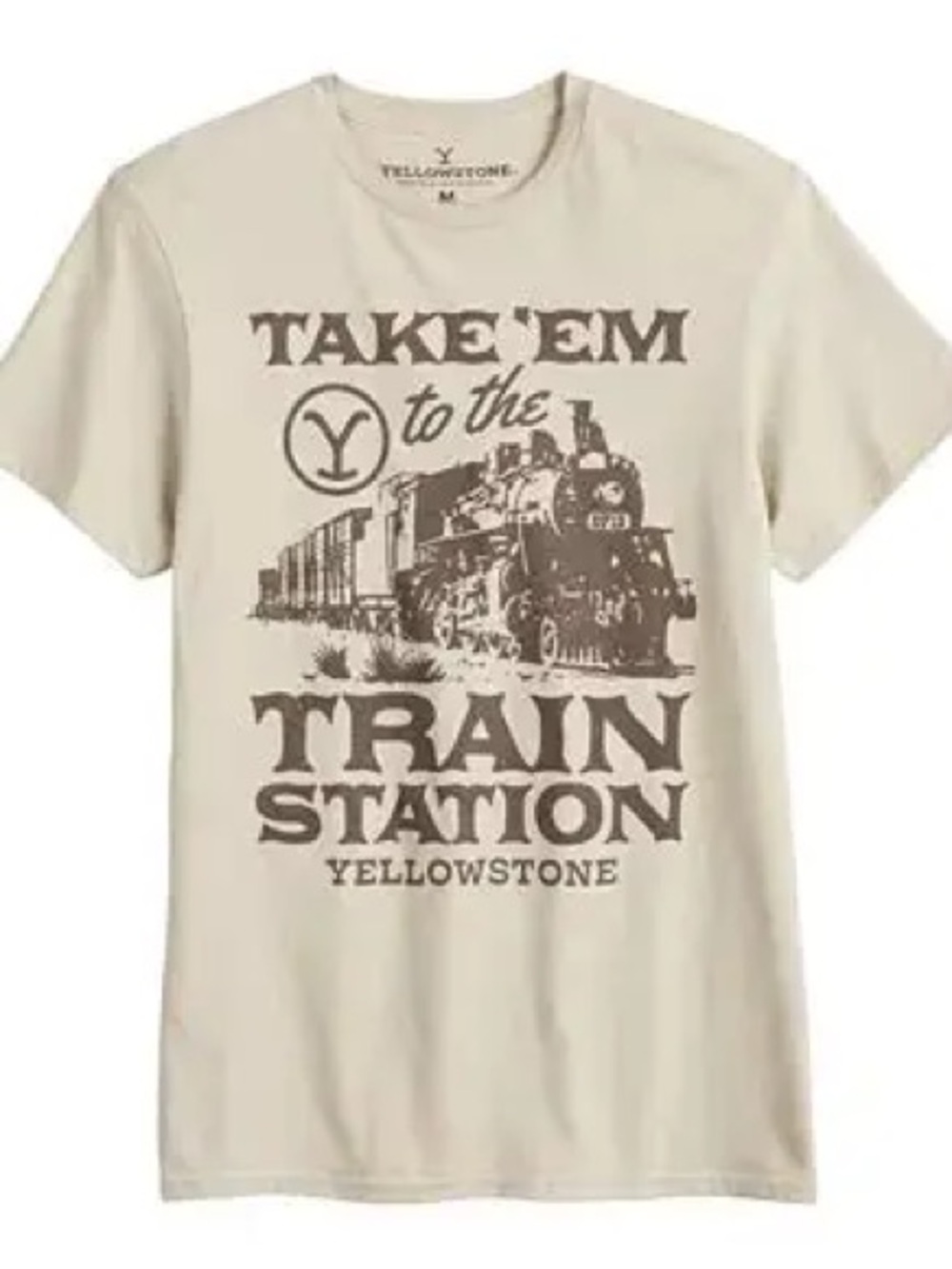 Yellowstone Train Station Graphic T-Shirt Men’s Medium Beige Western Dutton Ranc